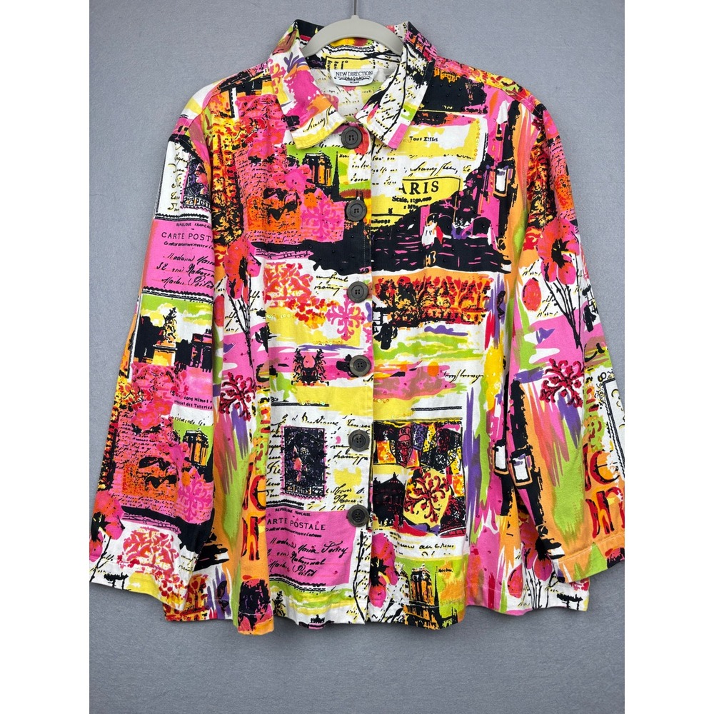 New Direction Jacket Womens 2X Paris Postcard Print Button Front Art Wear
